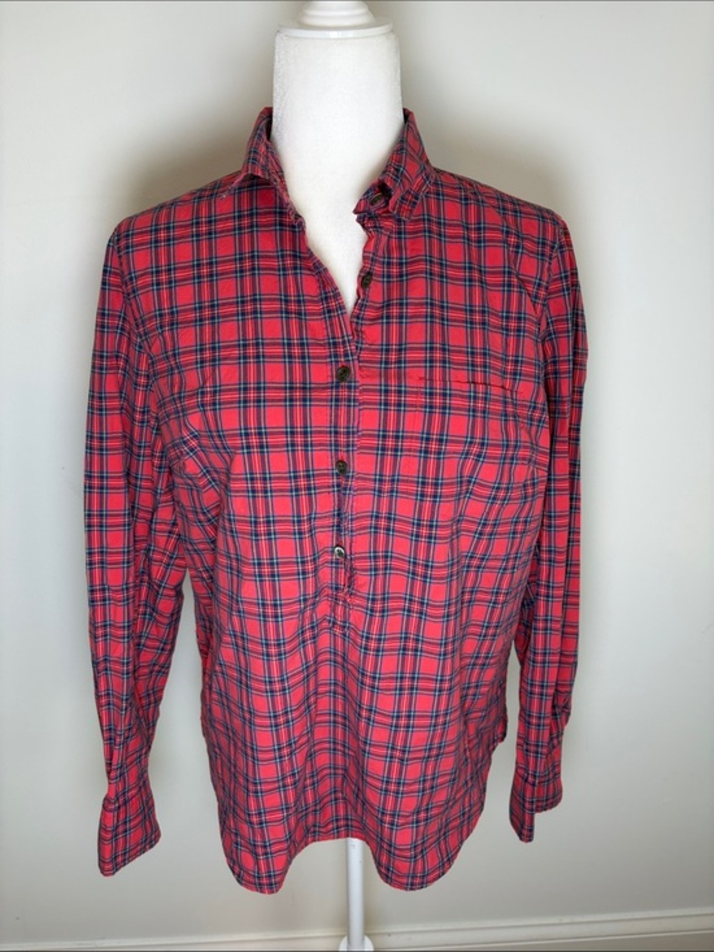 J Crew Red Tartan Plaid Long-Sleeve Button down Popover Shirt 8 cotton
